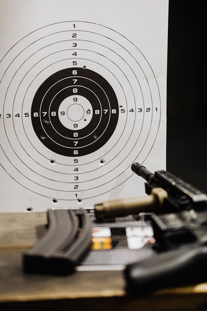 Close-up of a rifle resting on a wooden surface with a target paper in the background.